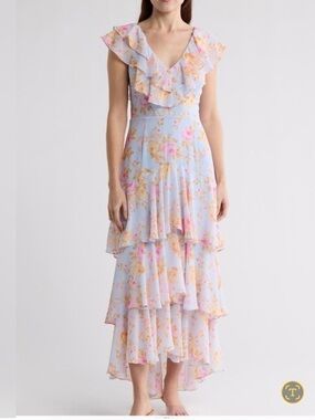 Wayf Floral Ruffle Tiered Maxi Dress Light Blue & Pink S